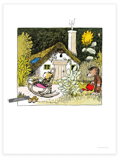 „Das kleine Haus am Fluss“ – Tiger im Schaukelstuhl und Bär mit Gießkanne vor einem kleinen Haus mit Sonnenblume, 30 × 40 cm