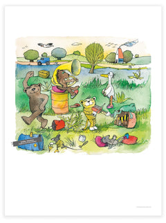 „Draußenmusik“ – Tiger, Bär und weitere Tiere musizieren mit verschiedenen Instrumenten am Wasser, 30 × 40 cm