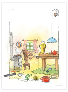 „Kochen und diskutieren“ – Bär am dampfenden Herd und Tiger am Tisch in einer Küche mit vielen Utensilien, 30 × 40 cm