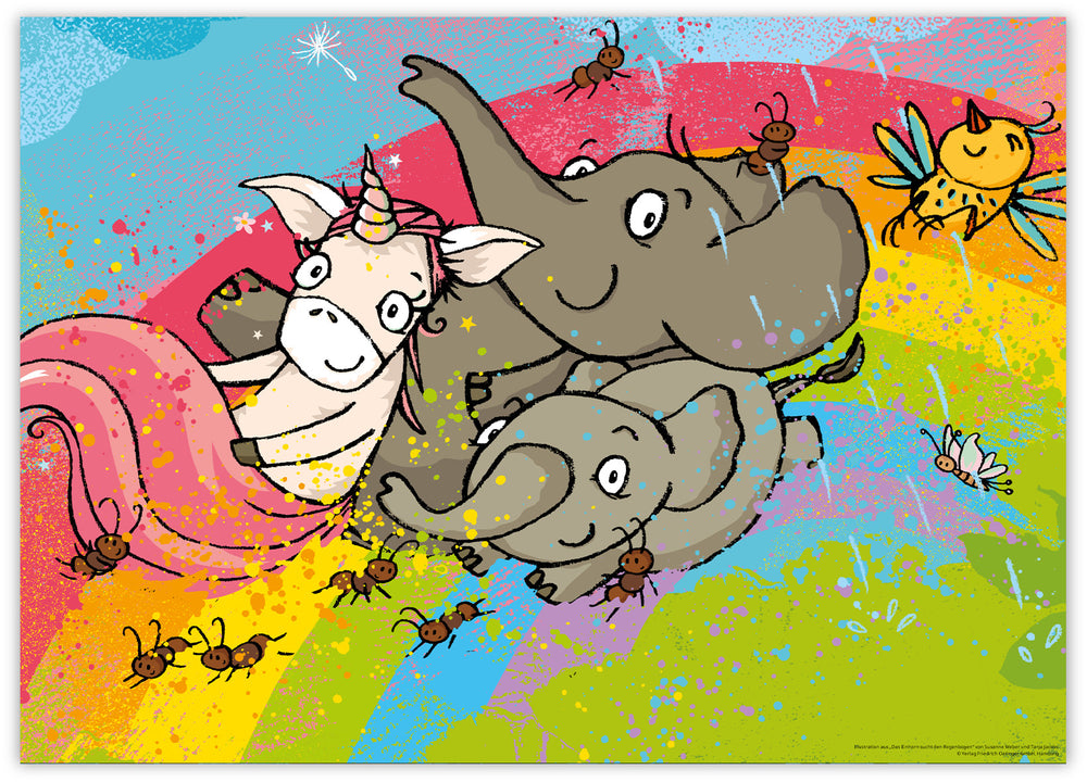 Einhorn, Elefanten und Vogel finden den Regenbogen