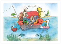 „Auf dem Fluss“ – Tiger, Bär und weitere Tiere fahren auf einem roten Sofa über den Fluss, 50 × 70 cm